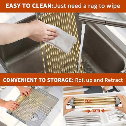 Expandable Roll-Up Dish Drying Rack, Gold, 304 Stainless Steel