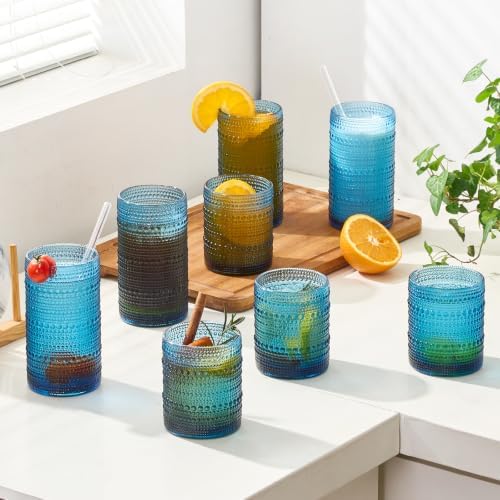 Vintage Hobnail Drinking Glasses Set of 8, Blue 16 oz Highball Glasses