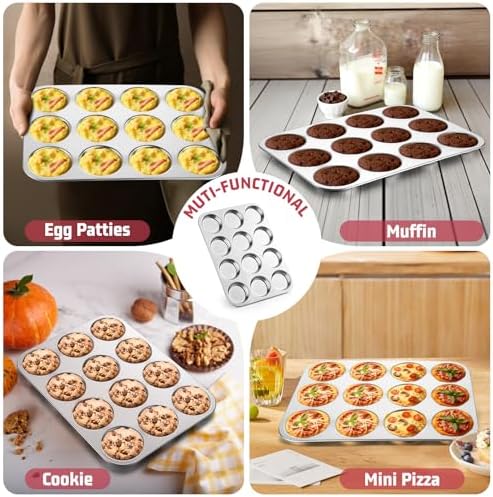 E-far 2 Pack Muffin Top Pan, 12-Cavity Stainless Steel Shallow Cupcake