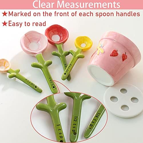 Flower Measuring Spoons Set in Pot Unique Baking Gifts Ceramic Cute