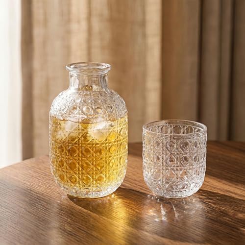 Set of 2 Vintage Bedside Water Carafe and Glass Set, Embossed Night