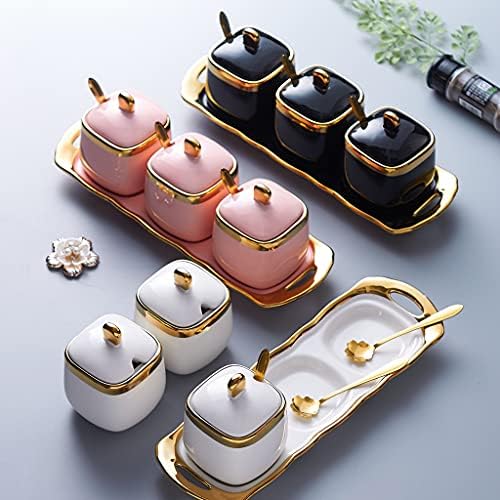 Black Sugar Bowl with Lid and Spoon,Ceramic Condiment Jars Spice