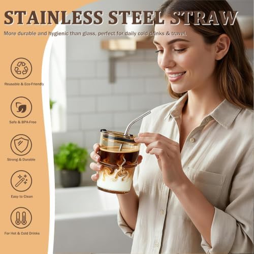 4 Packs Glass Tumbler with Lid and Straw 13 oz Cute Ice Coffee Cup Set