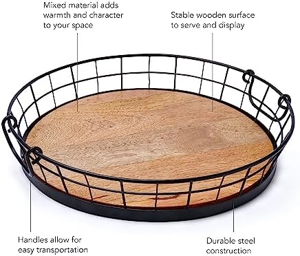 Spectrum Madison Round Metal Wooden Serving Tray with Handles for