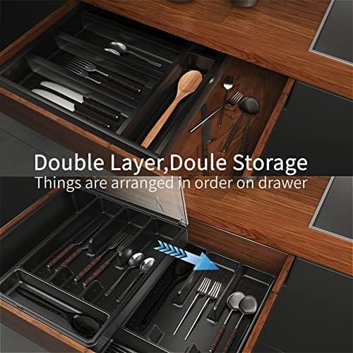 Double Layer Silverware Tray with Lid, Black
