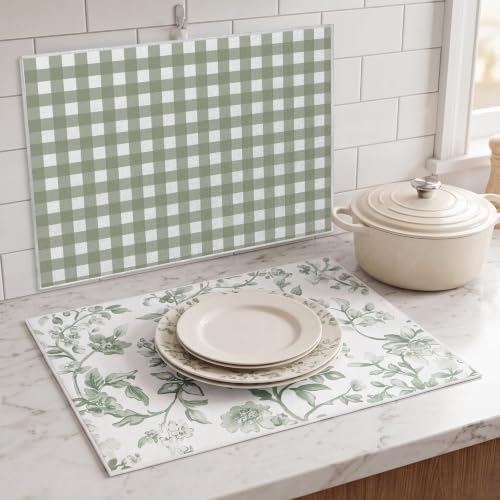 Domensi 2 Pack Gingham Sage Green Dish Drying Mat Floral Microfiber