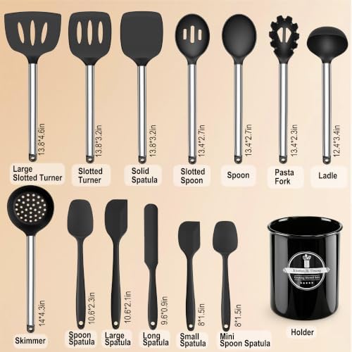 14-Piece Silicone Kitchen Cooking Utensils Set, Black