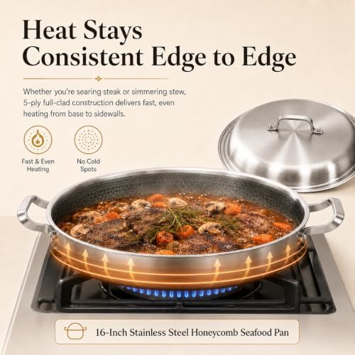 DELARLO 16 Inch Stainless Steel Nonstick Paella Pan with Lid