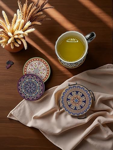 Mandala 4 Inches Round Absorbent Ceramic Coasters Set of 8, Cork Base