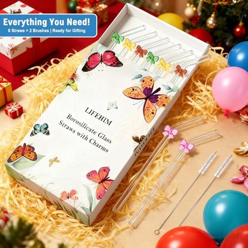 Multicolor Butterfly Glass Straws with Charms, 9 Inch Bent for