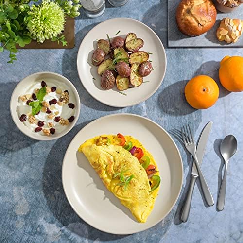 Gibson Home Rockaway 12-Piece Round Stoneware Dinnerware Set, Service for 4 – Cream Plates and Bowls, Modern Matte Finish, Microwave & Dishwasher Safe