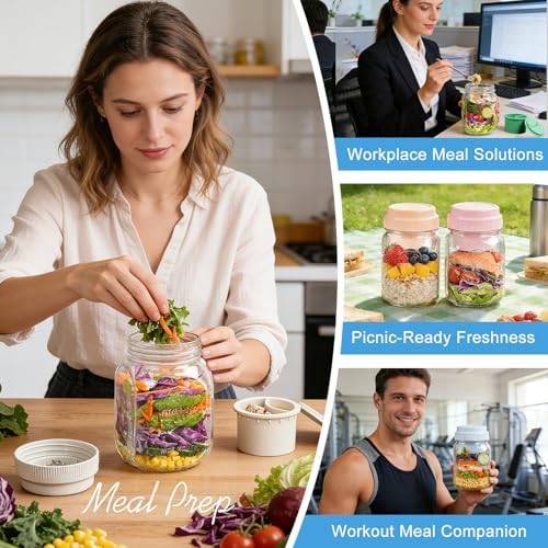 4 Pack 32 Oz Glass Salad Jars with Silicone Dressing Cup & Foldable