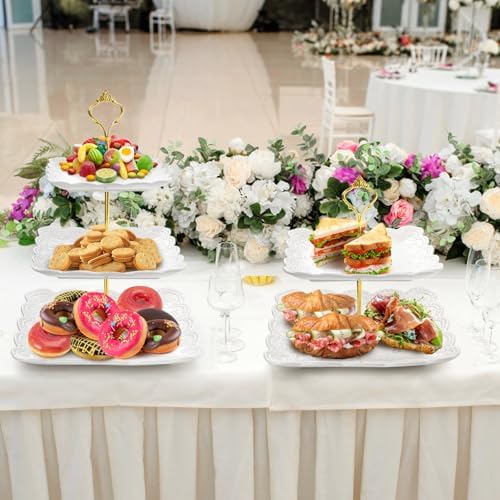 Tebery 2 Pack 3-Tier White Ceramic Embossed Dessert Cake Tower Stand