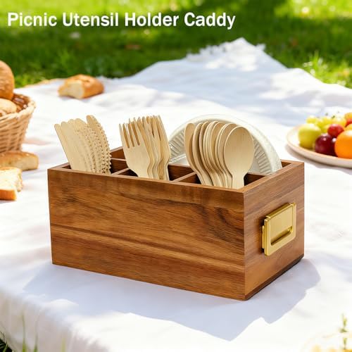Acacia Silverware Holder for Party with Handle - Paper Plate Holders