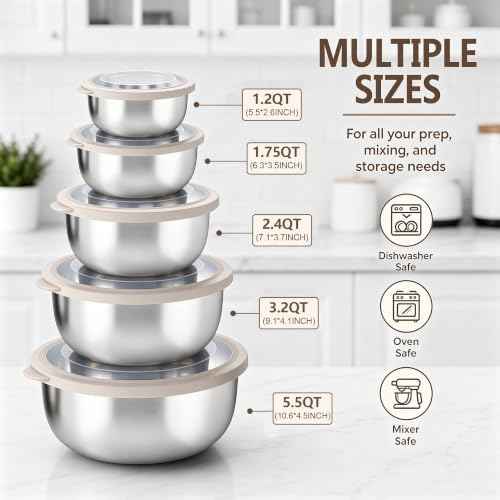 E-far Mixing Bowls with Lids Set of 5, Stainless Steel Nesting Salad Bowls