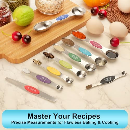 Magnetic Measuring Spoons Set of 9 with Leveler, Color-Coded Dual