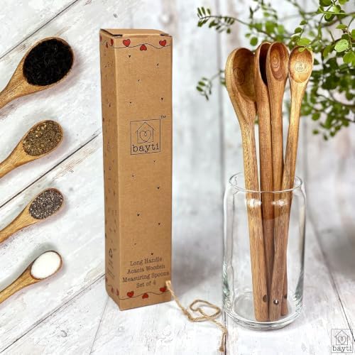 Long Handle Acacia Wooden Measuring Spoons, 100% Natural Food Grade