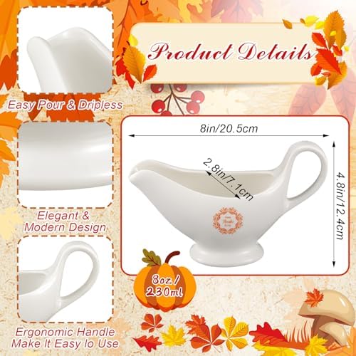Bokon 2 Pack Thanksgiving White Gravy Boat 8 oz Sauce Boat White
