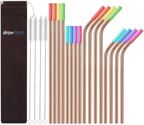 StrawExpert Set of 16 Reusable Stainless Steel Straws with Travel Case