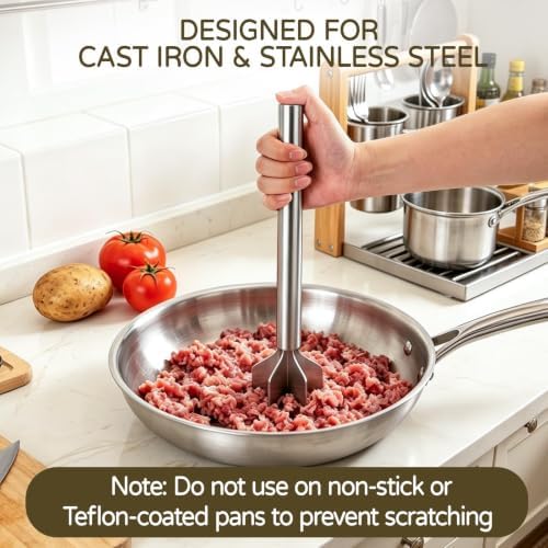 Meat Masher Stainless Steel, Heavy Duty Ground Beef Masher