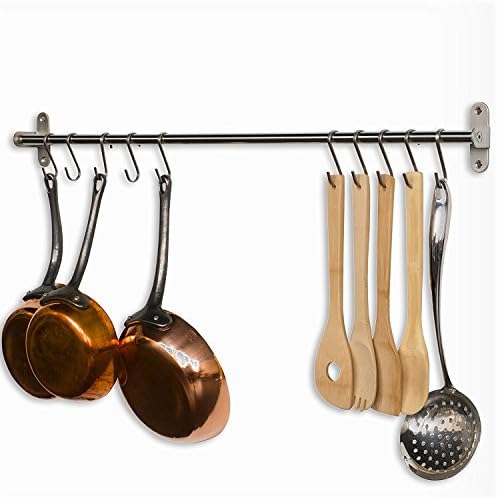 Premium Chefmate Stainless Steel Gourmet Kitchen 31.5 Inch Wall Mount Rail and 10 S Hooks Set Utensil Pot Pan Lid Rack Storage Organizer, Silver