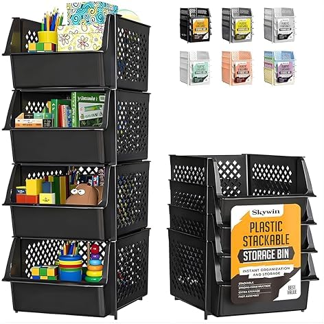 Skywin Stackable Open Front Storage Bins, 4 Pack