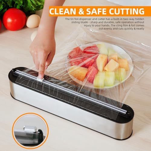 Aluminum Foil & Plastic Wrap Dispenser with Cutter - Magnetic & No-Drill Wall Mount, Stainless Steel Design, Space-Saving Kitchen organizer for Countertops & Cabinets - Fits 12" Rolls, Silver