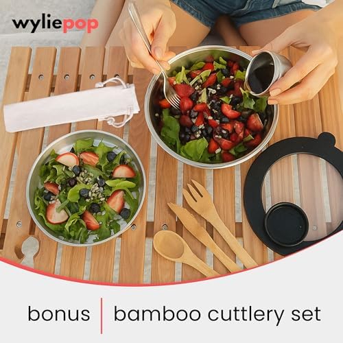 64oz Stainless Steel Salad Bowl Kit & 3Pcs Bamboo Cutlery Set with 2x