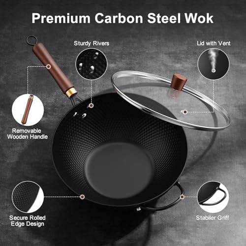 Todlabe Wok with Lid, 13 Inch Carbon Steel Woks & Stir-fry Pans Nonstick