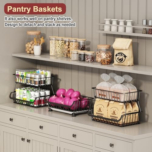 3-Tier Rolling Pantry Cart with Wheels, Stackable Wire Storage Floor Organizer for Kitchen Pantry Snack Shelves, Fruit Basket Stand, Vegetable Storage Rack for Food Snacks Onion Potato