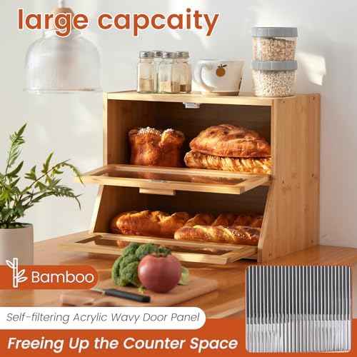 GHWIE Double Layer Bamboo Bread Box for Kitchen Counter,Large Capacity Bread Storage Bin,Bread Container with Acrylic Wavy Door Panel (Natural, Medium)