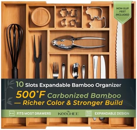 keechee Carbonized Bamboo Drawer Organizer, 10 Slots
