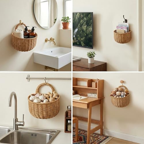 2 Pack Hanging Onion Rattan Basket - Wall Hand Woven Storage with
