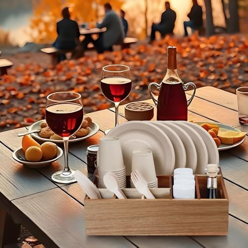 Acacia Wood Utensil Holder Paper Plate Organizer for Party