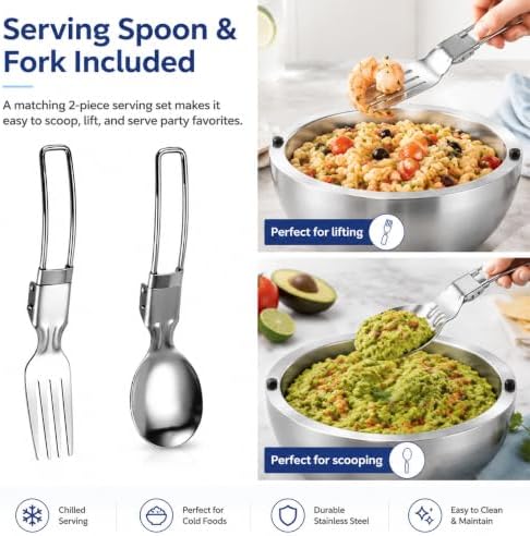 Chilled Serving Bowls with Silicone Lids, 18 oz & 35 oz Stainless Steel Dip Chiller Set to Keep Food Cold, Double Wall Freezer Bowls with Spoon and Fork for Parties, Salads and Seafood