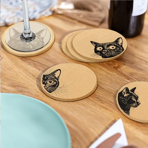 Coasters for Drinks with Holder Set of 6, Curious Cat Cork Coaster