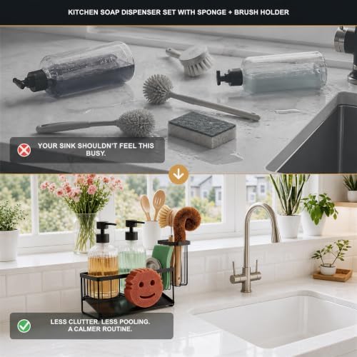 Kitchen Soap Dispenser Set with Sponge Holder, Clear Glass