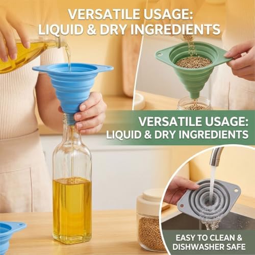 Kitchen Funnel Set 3 Pack, Silicone Collapsible Funnel Set (3pcs)