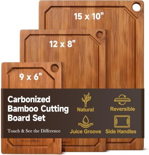 Carbonized Bamboo Cutting Boards for Kitchen Set of 3 Knife-Friendly