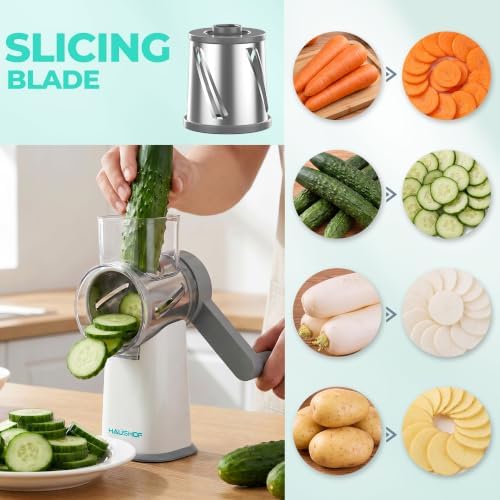 HAUSHOF Rotary Cheese Grater, Hand Crank, 3-Blade