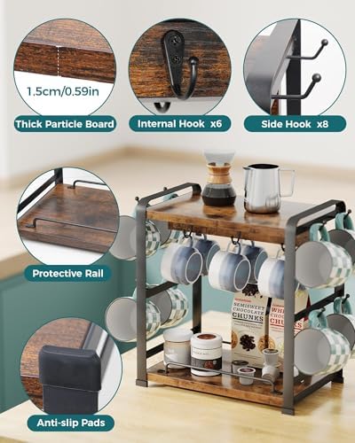 OROPY Coffee Mug Holder Countertop, Mug Rack 2 Tier Shelf & 14 Mug