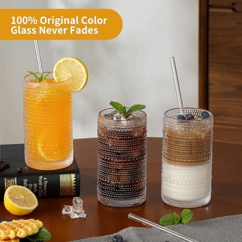 Hobnail Drinking Glasses Set of 6 Clear Embossed Boho Glass Water Cups