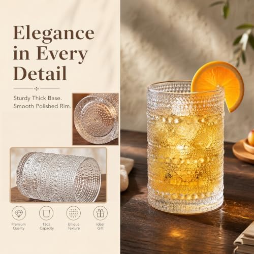 ZOOFOX Set of 6 Vintage Hobnail Drinking Glasses, 13 oz Tall Clear