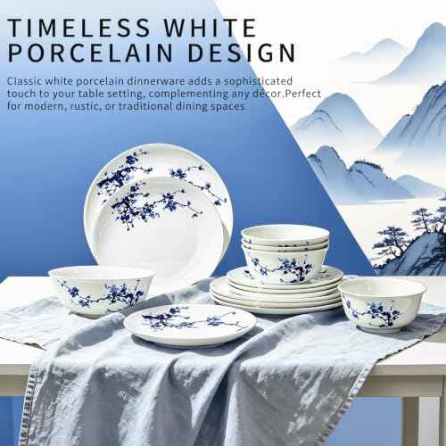12-Piece Blue and White Porcelain Dinnerware Set, Classic Oriental Style Tableware Service for 4, Perfect Housewarming, Wedding & Chinese New Year Gift