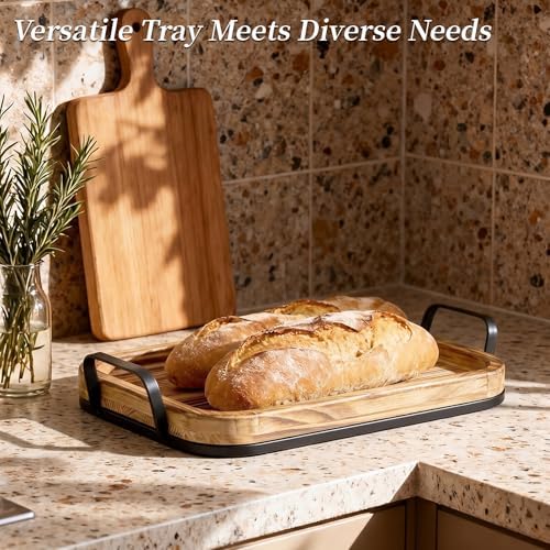 15 Inch Wood Serving Tray with Metal Handles, Sturdy Ottoman Tray