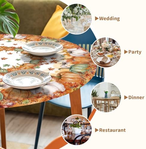 Fall Round Fitted Tablecloth with Elastic Edge Thanksgiving Autumn