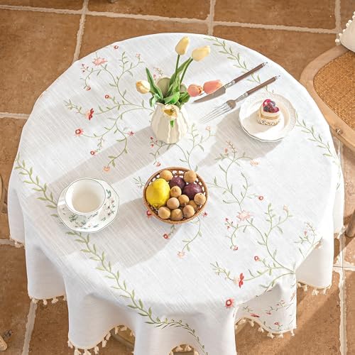 Alsoo Round Linen Tablecloth 55", Farmhouse Table Cloth with Pink