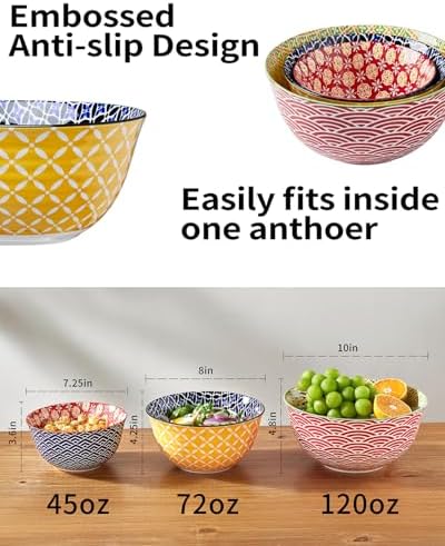 Metahom Ceramic Mixing Bowls Set of 3, Large Serving Bowls, Vibrant