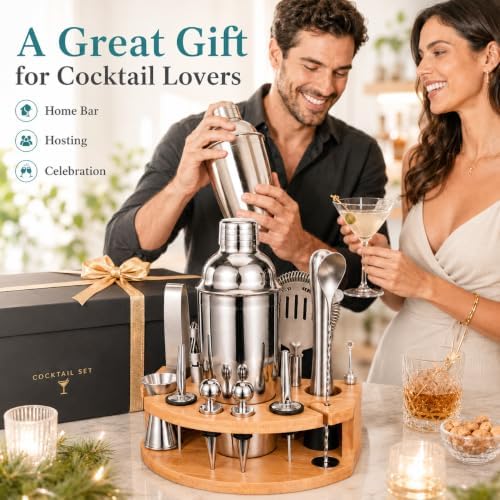 Cocktail Shaker Set with Bamboo Stand, 12-Piece 25oz Stainless Steel