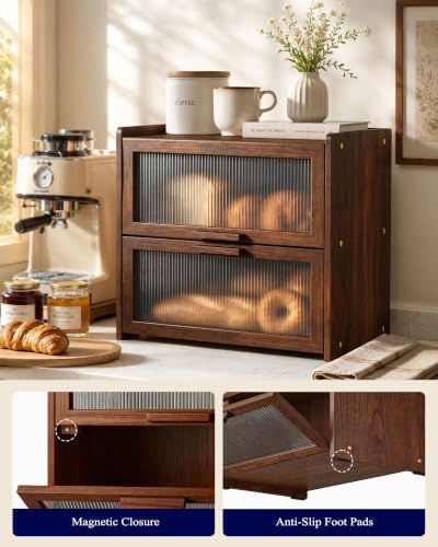 Kitsure Wooden Bread Box for Kitchen Countertop, 2 Layer, Large, Brown